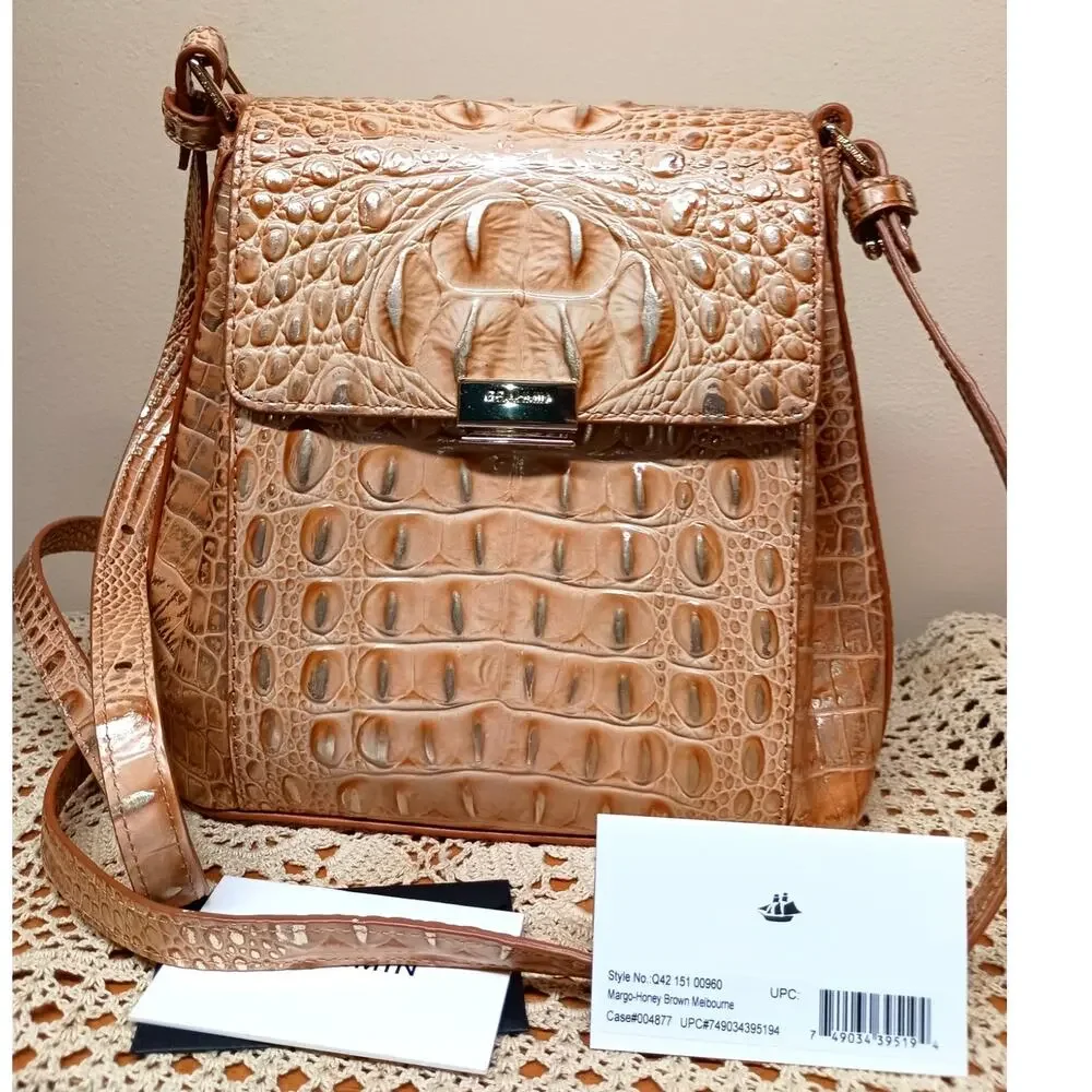 NWOT Brahmin Margo Crossbody Bag Croc Waterfall Honey Brown